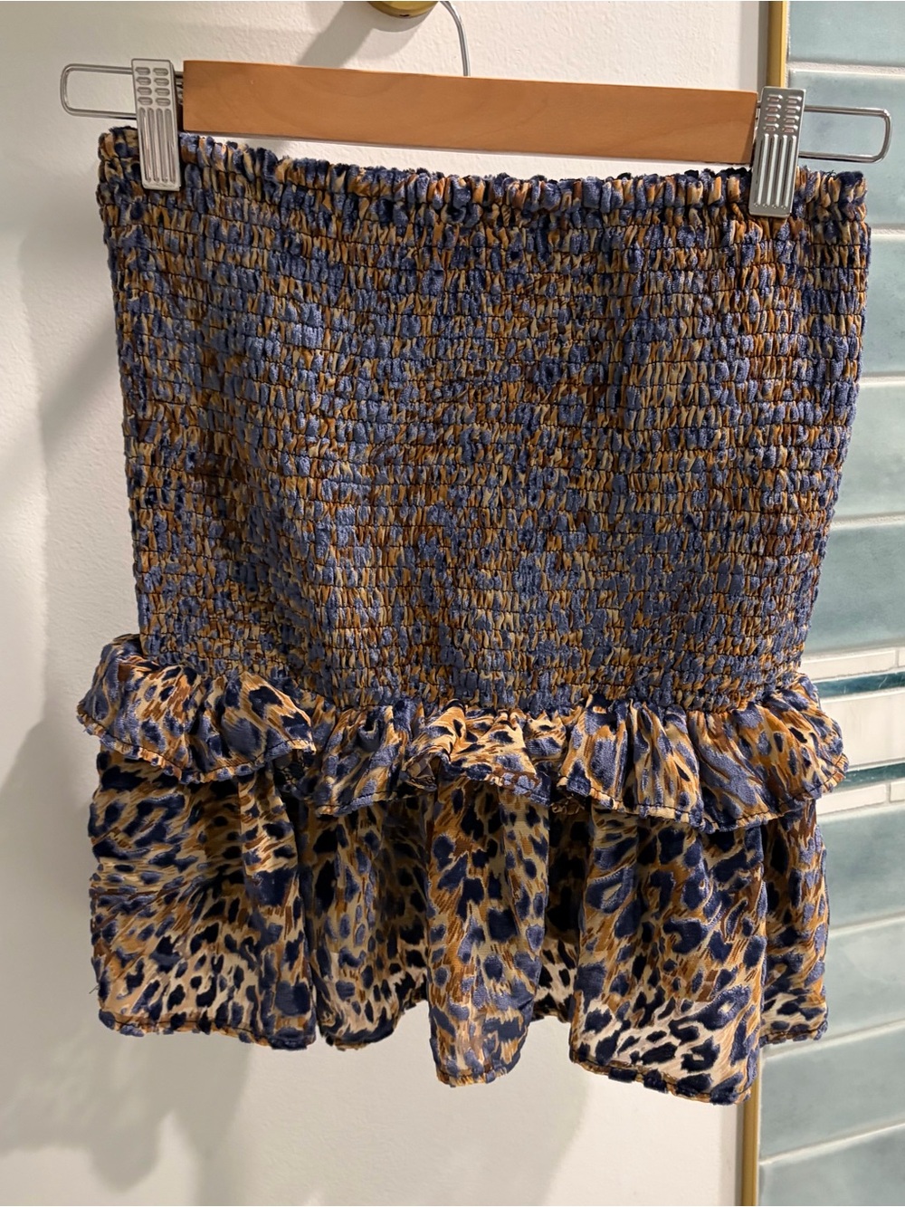 Karlie Blue & Tan Smocked Ruffle Mini Skirt - Size S (New with tags)